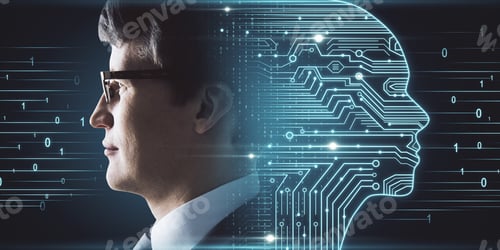 Preview: Side Portrait Of Attractive Young European Businessman With Digital Head Outline, Circuit And