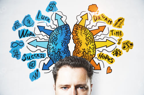Preview: Attractive Young European Businessman With Creative Drawing Of Different Brain Hemispheres On