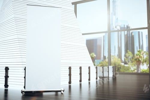 Preview: Blank White Poster In Modern Hall With Big Window And City View, Mock Up 3D Render