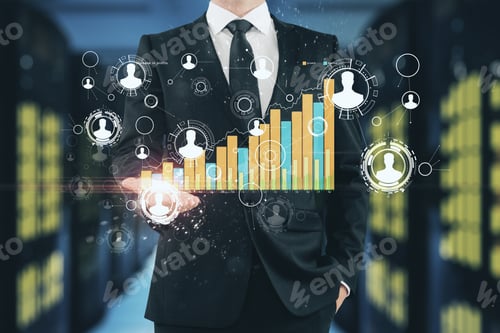 Preview: Businessman Hands Holding Creative Social Network Graph On Blurry Server Room Background