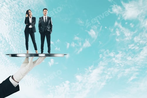 Preview: Hand Holding Tray With People On Sky City Background. Teamwork And Partners Concept