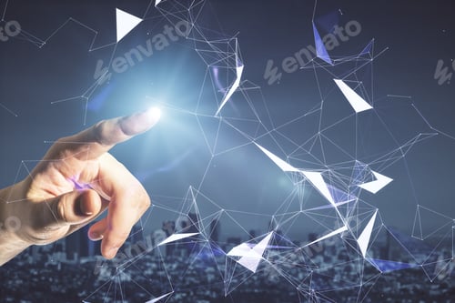 Preview: Hand Using Blue Creative Polygonal Background With City View. Communication And Teamwork Concept