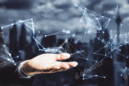 Preview: Hand Holding Creative Polygonal Interface. Communication And Teamwork Concept. Multiexposure