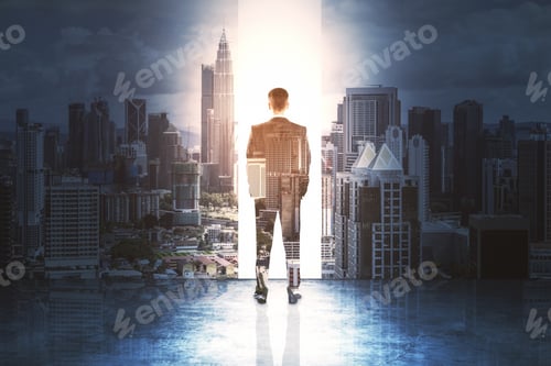Preview: Handsome Businessman Standing On Abstract City Background. Success And Future Concept. Double