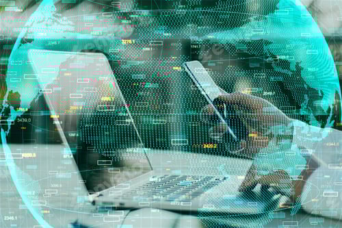 Preview: Side View Of Hands Using Laptop And Smartphone With Forex Chart And Globe. Global Trade And Network