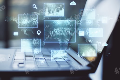 Preview: Close Up Of Laptop With Abstract Global Business Interface On Blurry Desktop Backround. Finance And