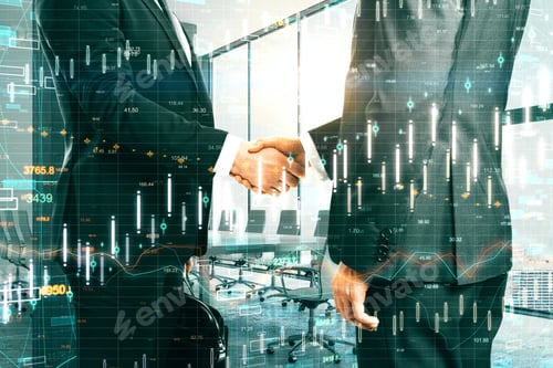 Preview: Side View Of Businessmen Shaking Hands In Blurry Office Interior With Candlestick Forex Chart