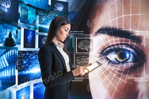 Preview: Attractive European Businesswoman Using Tablet With Abstract Eye Face Recognition System On Blue