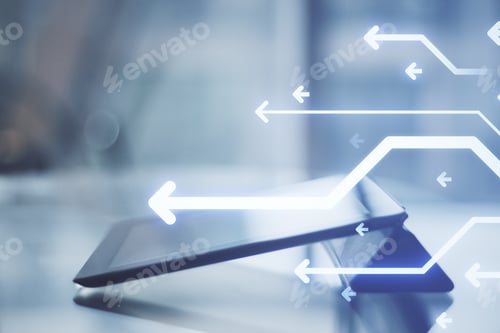 Preview: Close Up Of Tablet With Glowing Digital Arrows On Blurry Office Desktop Background. Technology, Big