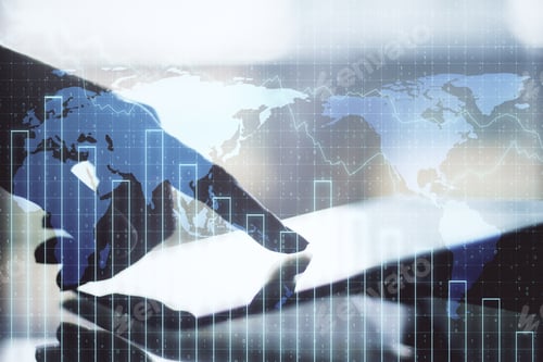 Preview: Hand Using Digital Tablet And Crash Chart With Digital Earth Hologram. Business Crisis Concept