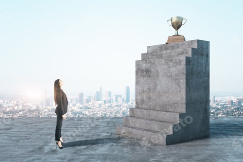 Preview: Young Businesswoman Looking On Concrete Stairs With Gold Winners Cup On City Background. Success