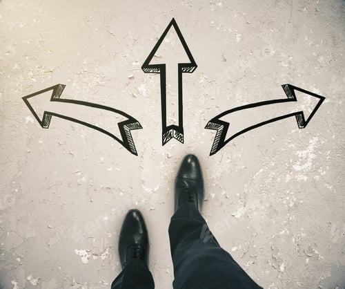 Preview: Different Direction Concept With Businessman Feet And Three Arrow Sketches On Aged Concrete Ground