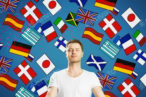 Preview: Portrait Of Attractive Young European Meditating Man With Abstract Colorful Flag Drawings. Travel