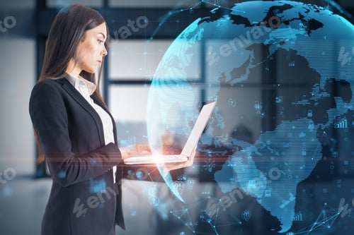 Preview: Attractive Young Caucasian Businesswoman Using Laptop With Glowing Polygonal Globe And Social Icons