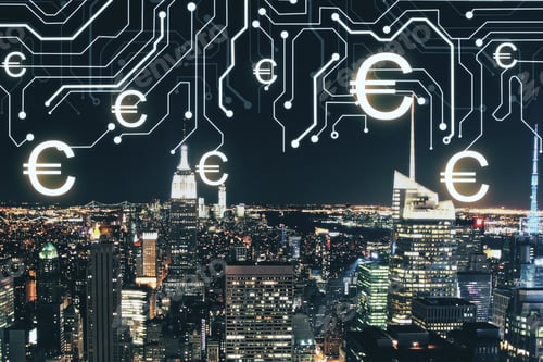 Preview: Abstract Glowing Money Circuit On Glowing Night City Background. Euro And Cryptocurrency