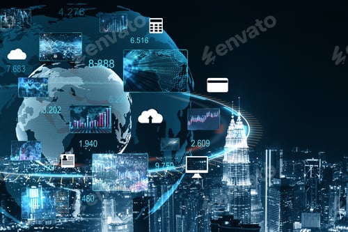 Vista previa: Digital Global Computer Cloud Interface With Charts On Night City Background. Trade And Investment