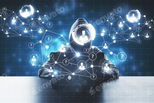 Preview: Hacking And Innovation Concept. Hacker With Digital Business Interface On Blurry Background. Double