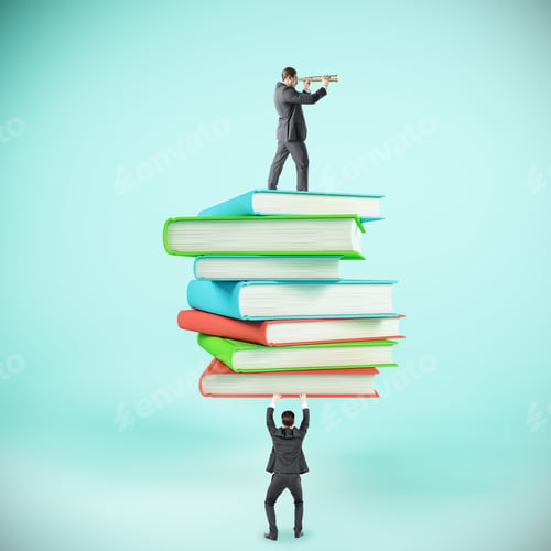 Preview: Businessman Holding Colorful Books Stack On Light Background. Education And Success Concept.