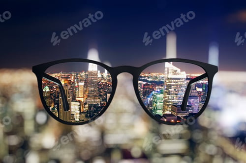 Preview: Abstract Bright Night City View Through Eyeglasses. Blurry Background. Vision Concept