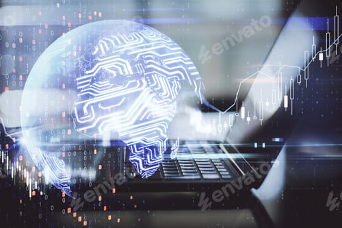 Preview: Artificial Intelligence And Finance Concept With Digital Microchip World Map And Opened Laptop