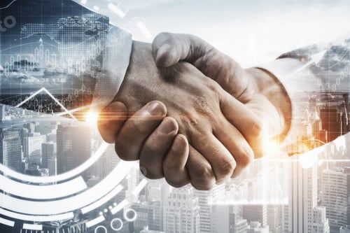 Preview: Close Up Of Handshake On Abstract City Background With Forex Chart. Double Exposure. Finance Concept
