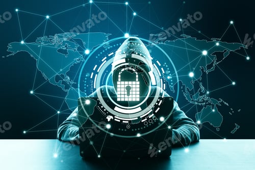 Preview: Hacker At Desktop Using Laptop With Creative Glowing Digital Padlock Interface On Dark Background