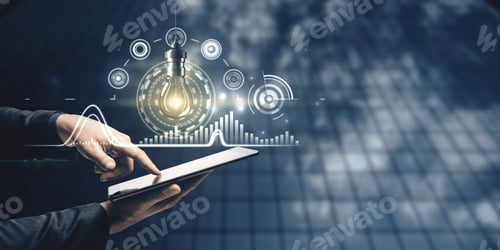 Preview: Close Up Of Hand Using Tablet With Creative Business Chart And Abstract Glolwing Light Bulb On