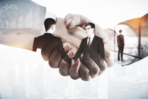 Preview: Close Up Of Abstract Handshake On City Bakcground. Contract Concept. Double Exposure