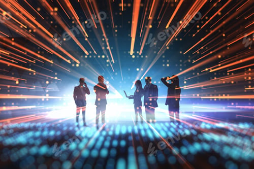 Preview: Abstract Backlit Businesspeople Working Together On Abstract Metaverse Background. Teamwork And