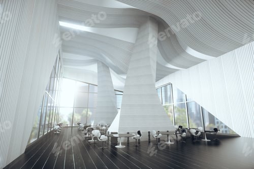 Preview: Interior Of Modern Large Restaurant With Large Windows 3D Render