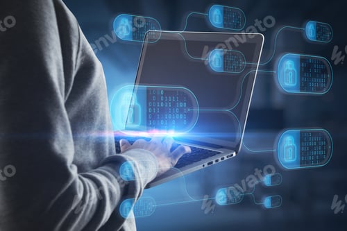 Preview: Close Up Of Hacker Hand Using Laptop With Abstract Big Data And Security Nodes Hologram On Blurry