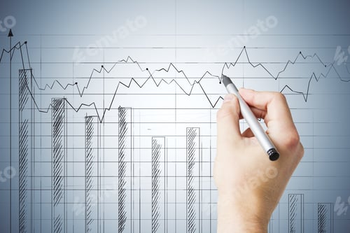 Preview: Businessman Hand With Pen Drawing Glowing Stock Chart On Virtual Screen. Trade And Analysis
