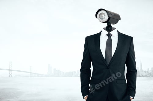 Preview: Cctv Headed Man On City Background. Supervision Concept