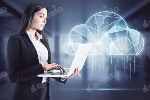 Preview: Cloud Technology And Digital Transformation Concept With Businesswoman Working On Laptop On Digital