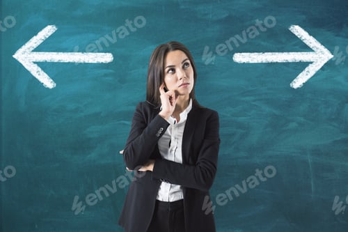 Preview: Make The Choice Concept With Pensive Businesswoman On Green Chalkboard With White Arrows Background