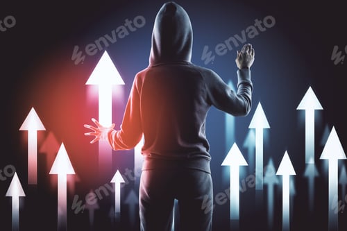 Preview: Hacker In Hoodie Using Abstract Digital Arrow. Hacking And Cyber Attack Concept.