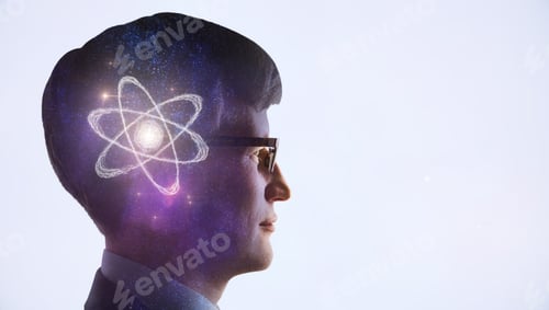 Preview: Artificial Intelligence Concept With Man Head Silhouette And Drawn Atom Model Inside Head