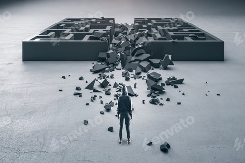 Preview: Hacker Looking On Ruined Gray Maze. Challenge And Cyber Crime Concept.