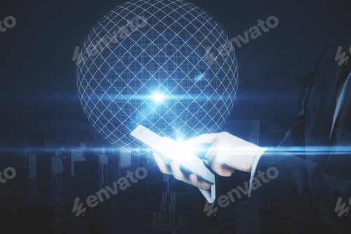 Preview: Side View Of Businessman'S Hands Using Tablet With Abstract Mesh Circle. Technology And