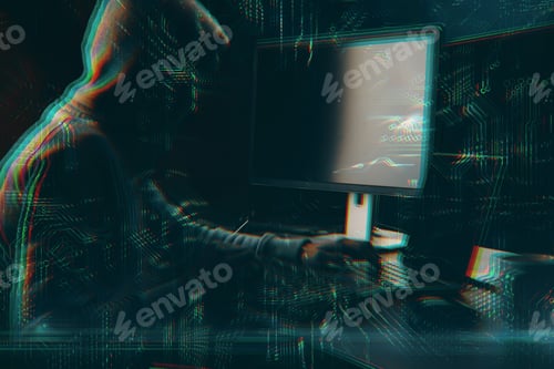Preview: Side View Of Hacker Using Computer With Circuit On Blurry Background. Hacking And Phishing Concept