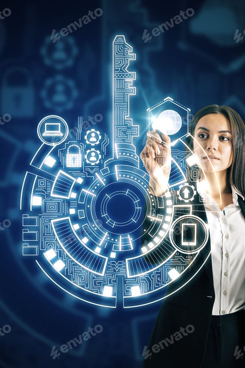 Aperçu: Businesswoman Using Creative Digital Key Interface On Dark Background With Icons. Access, Safety