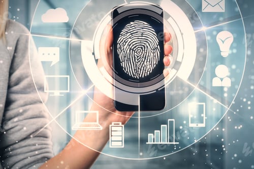 Preview: Female Hand Holding Smartphone With Digital Business Interface And Finger Print. Recognition And Id
