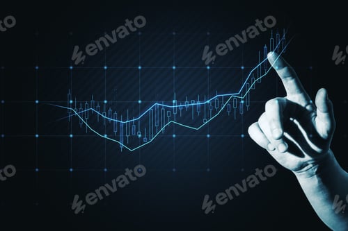Preview: Close Up Of Hand Pointing At Glowing Candlestick Forex Chart On Dark Background. Trade, Finance And