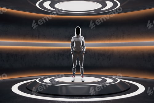 Visualização: Hacker em pé no pódio em um interior futurista escuro com lâmpadas de néon. Futuro e tecnologia