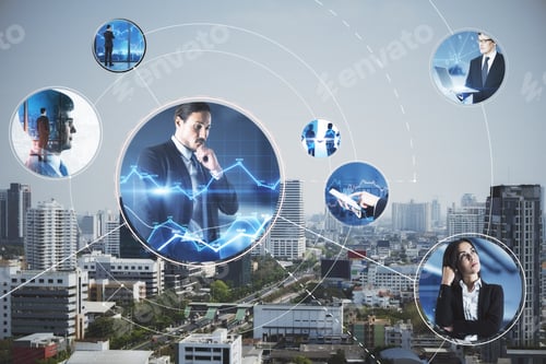 Preview: Abstract Connections Of Businesspeople And Forex Charts On Blurry City Wallpaper. Trade, Network