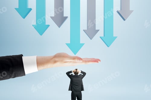 Preview: Abstract Image Of Hand Protecting Businessman From Falling Arrows On Blue Background. Protection