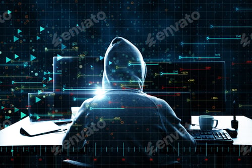 Preview: Hacker Using Computers At Desktop With Digital Arrows Interface On Dark Background. Hacking And