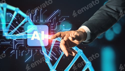 Businessman Hand Pointing At Abstract Glowing Circuit Ai Hologram With Dna On Blurry Background. Ai