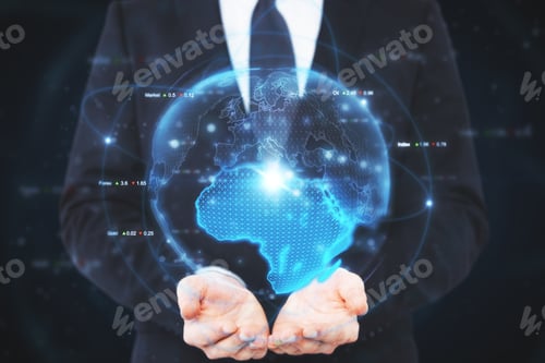 Preview: Businessman Hands Holding Glowing Digital Globe On Dark Background. International Business And