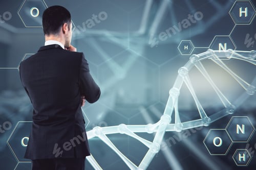Preview: Young Businessman Looking At Abstract Glowing Dna Screen. Bioengineering And Science Concept